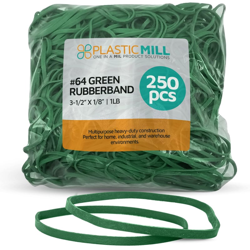 PlasticMill Green Rubber Bands Size 64 (3 1/2" x 1/4") - Colored #64 Rubber Bands Office Supplies - Thick, Elastic Rubber Bands for Tie Dyeing, File Folders, Produce, Cash Bundling (250-Count) - Image 1